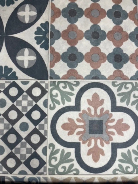 Close up of a patterned vinyl tile sample with lots of shapes and effects..